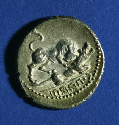 Mønt af de kursive stammer, der viser en tyr, der angriber den romerske hun-ulv, 89-90 f.Kr. (sølv) af Italian School