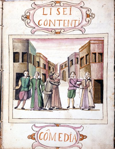 Komedie af Li sei contenti efter manuskriptbindet "Scenarier af de mest udvalgte historier" "(1621 - 1643). Rom, Accademia dei Lincei. af Italian School