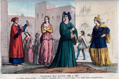 Kostumer i Siena mellem XIII og XIV århundrede - tøj i Siena mellem XIII og XIV århundrede - gravering fra "" Usi e Costumes of All Peoples of the Universe. Det er historien om regeringen, lovene, militsen, om religionen for alle n af Italian School