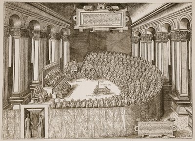 Council of Trent, 1563, fra en radering udgivet i Venedig i 1565, illustration fra The Church of England: A History for the People af H.D.M. Spence-Jones, pub. ca. 1910 (sepiafoto) af Italian School