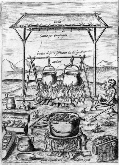 Landkøkken: gryder og gryder sættes i brand. Gravering fra "Opera", bog om gastronomi opdelt i 6 dele, af Bartolomeo Scappi, personlig kok af pave Pius V. Venedig af Italian School