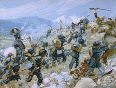Krimkrigen og slaget ved Chernaya, 16. august 1855, illustration fra et album om Risorgimentos historie lavet til chokoladen Talmone, slutningen af det 19. århundrede af Italian School