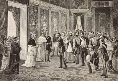 Kronprins af Tyskland (fremtidig Frederik III) modtages af pave Leo XIII i tronsalen, Vatikanet, gravering fra tegning af Ximenes fra skitse af Dal Don, fra L
