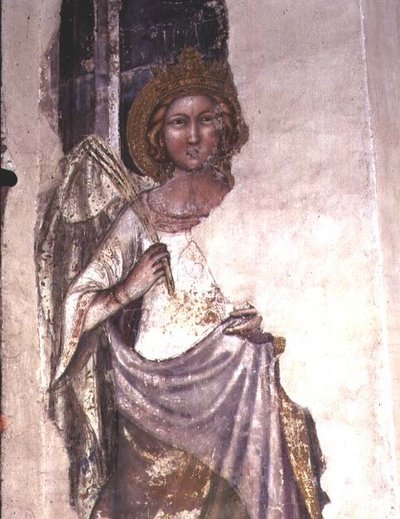 Kronet figur med et palmeblad, muligvis en engel (fresko) af Italian School