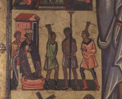 Korsfæstelse med lidenskabshistorier: detaljer, der viser Kristi flagelation, Lucca-skolen (tempera på panel) af Italian School