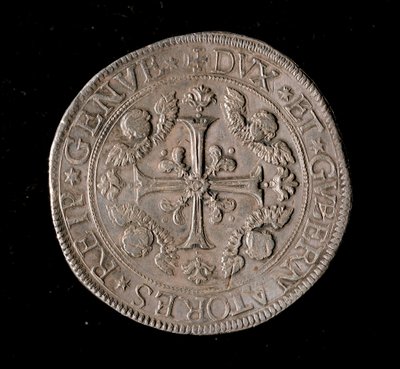 Republikken Genes valuta: fem ecu sølvmønt. Diam. 61 mm. 1693. Forside. Genes Musei di Strada Nuova af Italian School