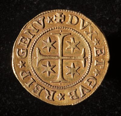 Republikken Genes valuta: dobbeltmønt med fem guld. Diameter 41 mm. 1642. Forside. Strada Nuovas genermuseer af Italian School