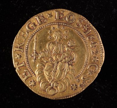 Republikken Genes valuta: dobbeltmønt med fem guld. Diameter 41 mm. 1642. tilbage. Strada Nuovas genermuseer af Italian School