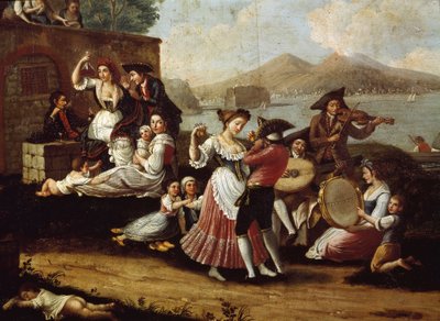 Dansescene og populær fest i Napoli Dansere af tarantella (tarantella, tarantella). Anonymt maleri. Napoli fra det 18. århundrede, San Martinos nationalmuseum af Italian School