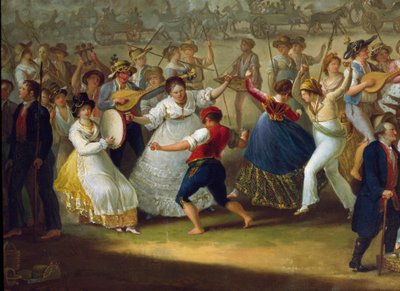 Dansescene og populær fest i Napoli Dansere af tarantella (tarantella, tarantella). Anonymt maleri. Napoli fra det 18. århundrede, San Martinos nationalmuseum af Italian School