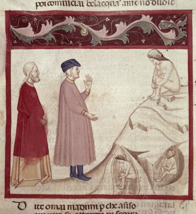 Dante og Virgil (70-19 f.Kr.) møder sjælene, der er fængslet i klipperne, fra Den guddommelige komedie af Dante Alighieri (1265-1321) af Italian School