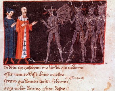 Dante og Virgil taler med Malacoda, leder af Malebranche-eskadronerne (sang 21 fra Helvede, i den guddommelige komedie) - miniature af Italian School