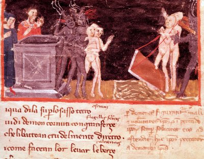 Dante og Virgil omgivet af alfonserne og forførerne (sang 18 fra Helvede, i den guddommelige komedie) - Miniature af Italian School