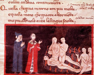Dante et Virgil omgivet af de voldelige (sang 14 fra Helvede, i den guddommelige komedie) - miniature 1300-tallet af Italian School