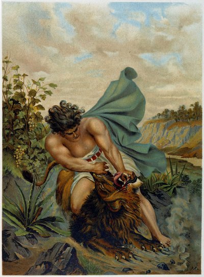 David kæmper mod en løve i "Golden classic Bible: history of divine revelation in the old and in the new tension" af Giovanni Ladislao Sykora (bd. 1), oversat af Don Clemente Benetti. (italiensk bibel) af Italian School