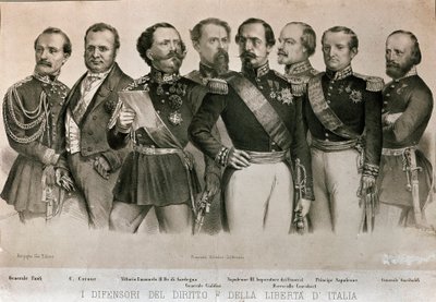 General Manfredo Fanti (1806-1855), Camillo Benso, greve af Cavour (1810-1861), konge af Sardinien Vittorio Emanuele II (Victor Emmanuel) (Victor Emmanuel), General Henry Cialdini (1811-1892), E. af Italian School