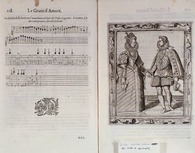 Beskrivelse af ballet for to Dobbeltside af Le Gratie dAmore (Le Grazie dAmore) af den italienske danser Cesare Negri kaldet Il Trombone (1536-1604), traktat om dans af Italian School