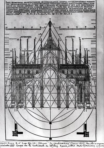 Design til katedralen i Milano, illustration fra De Architectura af Vitruvius, Como, 1521 af Italian School