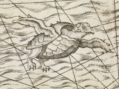 Detalje af en flyvende skildpadde på et kort over Nordeuropa, fra en nylig og nøjagtig beskrivelse af de nordlige regioner i Sverige, Gothia, Norge, Danmark og de tilstødende lande. M. Tramezinis formularer af Italian School