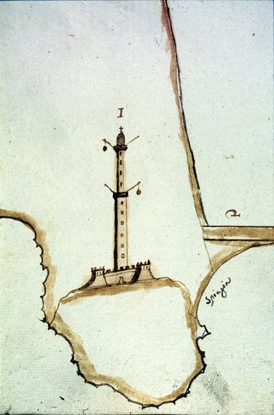 Detalje af et håndskrevet topografisk kort fra det 17. århundrede, der viser Genova-lanternens position. af Italian School