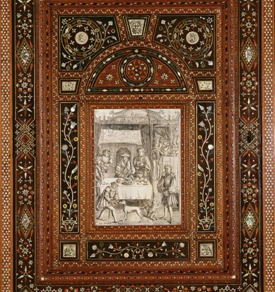 Detalje af en gravering på elfenben, efter Memling (ca. 1433-94), fra et kabinet givet til Mary Queen of Scots (1542-87) og Frans II (1544-60) som bryllupsgave (træ og indlagt elfenben) ( se 162449) af Italian School