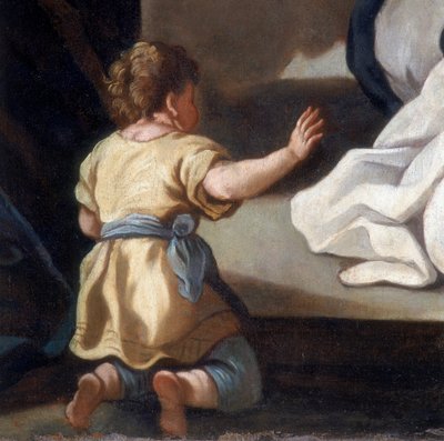 Detalje af maleriet, der forestiller Rosenkransmadonnaen med de hellige Dominik og Katarina af Siena af Italian School