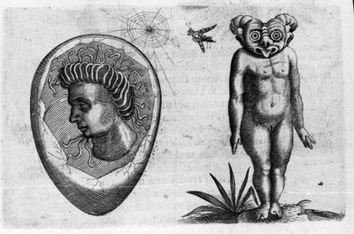 Forskellige typer menneskelige monstre: en fossil mand og et monster. Indgravering fra "Monstrenes natur, årsager og forskelle" af Fortunio Liceti (1577-1656), italiensk videnskabsmand. 1646 af Italian School