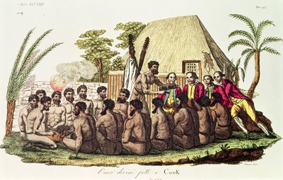 Guddommelige ofringer til kaptajn Cook (1728-79) på Sandwichøerne (farvet indgravering) af Italian School