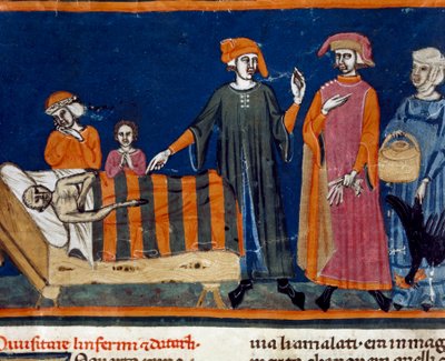 Lægger til ved sengen af en syg Miniature af den florentinske skole fra en forlængelsesudgave af "Pater noster" af Ser Zucchero Bencivenni (MS.II.VI 16) begyndelsen af det 14. århundrede Firenze, nationalbiblioteket af Italian School