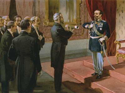 Hertugen af Sermoneta tilbyder kong Victor Emmanuel II (1820-78) folkeafstemningen i Rom ved Palazzo Pitti, Firenze, 1870, illustration fra et album om Risorgimentos historie lavet til chokoladetalmen af Italian School