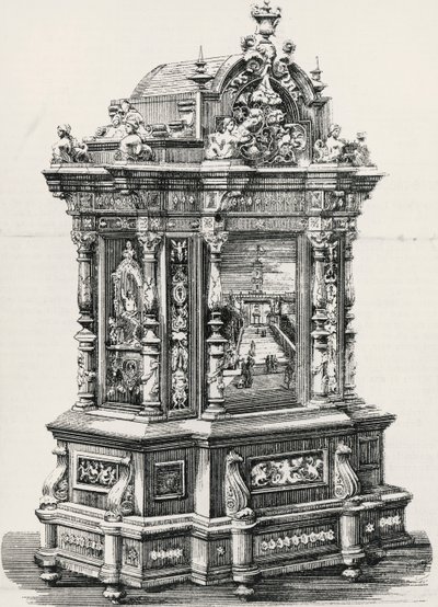 Ibenholt skab med indlæg af møbelsnedker Alessandro Monteneri fra Perugia (aktivt 19.-20. århundrede), illustration fra italiensk udstilling i 1881 i Milano, Italien af Italian School
