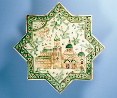 Ottekantet flise med Frederik II på tronen i midten, dekorativ keramik, Alessi-fabrikation, Caltagirone, Sicilien, Italien, 20. århundrede af Italian School
