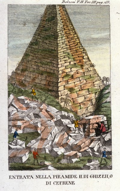 Indgang fra Belzoni til Guizeh-pyramiden (Guiseh, Giza, Giza) eller Chephren (det gamle imperium). Giovanni Battista (Gianbattista) Belzoni (1778-1823), italiensk opdagelsesrejsende og arkæolog, har gjort vigtige arkæologiske opdagelser i Egypten. Graverin af Italian School