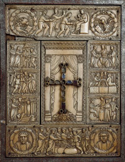 Evangelisk cover kendt som "Dittico delle cinque parti" (Dyptic of the Five Parts) i elfenben dekorerer episoder af guddommen jus. 5. århundrede. Milano, Tesoro del Duomo af Italian School