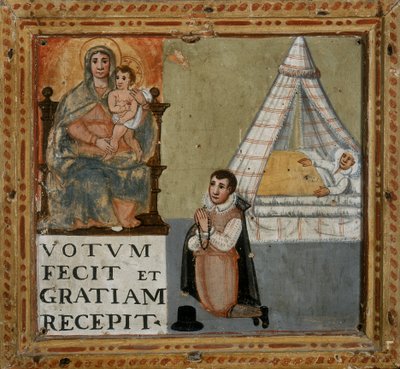 Ex-voto, der skildrer en mand, der takker Jomfruen på sine knæ for at være helbredt fra en sygdom, 1604 af Italian School