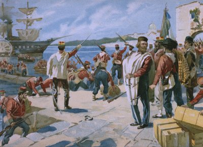 Expedition of the Thousand under ledelse af Giuseppe Garibaldi, landende i Marsala, Sicilien, 1860, illustration fra et album om Risorgimentos historie lavet til chokoladen Talmone, sent af Italian School