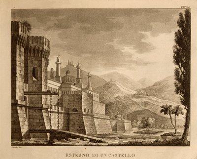 Udvendig side af et slot, scenografi til første akt af "Ricciardo og Zoraide" af Gioachino Rossini (litografi) af Italian School