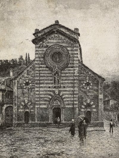 Facade af Bellano katedral, Comosøen, Italien, gravering fra tegning af Quinto Michetti, fra L