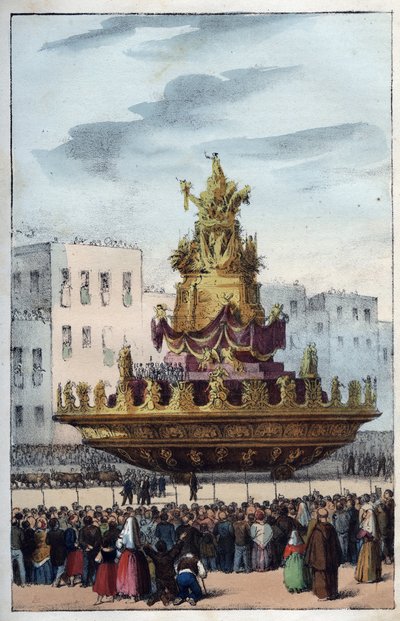 Fest for Santa Rosalia af Palermo (1130-1160), skytshelgen for Palermo - Festen for Santa Rosalia - (skytshelgen for Palermo i Italien) Festen for Santa Rosalia i Palermo på Sicilien - Fest for Santa Rosalia - gravering fra " "Tutts brug og skikke af Italian School