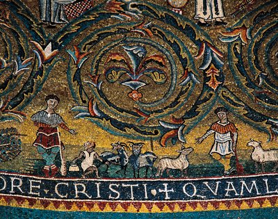 Figurer af hyrder og dyr, detaljer fra Triumph of Cross fra medaljon af apsis (mosaik) af Italian School
