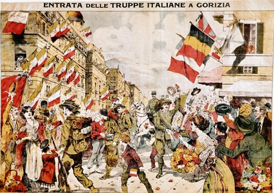 Første Verdenskrig (1914-1918). italienske troppers erobring af Gorizia. 1918. (gravering) af Italian School
