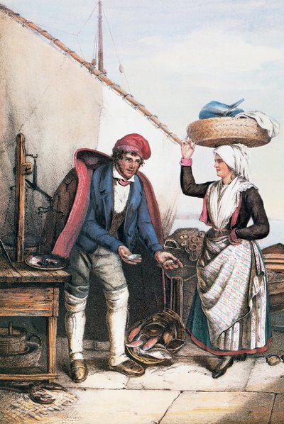 Fiskehandler og bonde, illustration fra Costumes of Istria, Italien af Italian School