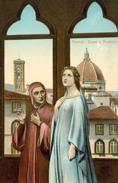 Firenze, Dante og Beatrice (farvelitografi) af Italian School