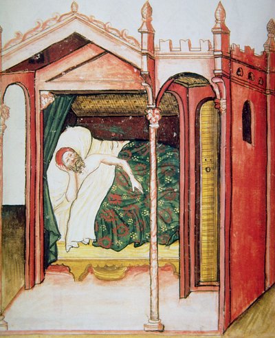 Fol.101r The Insomniac, illustration fra Tacuinum Santiatis Codex Vindobonensis af Italian School