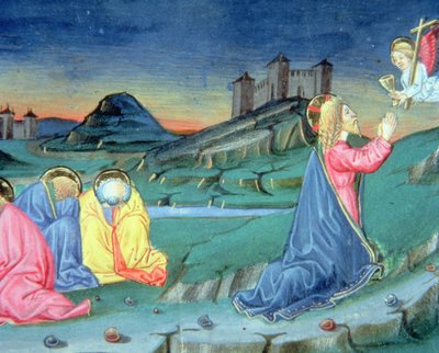 Fol.104r Efter at have bedt på Oliebjerget ankommer en engel for at trøste Kristus (vellum) af Italian School