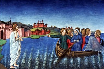 Fol.134r Disciplene fisker i Galilæa-søen (vellum) af Italian School