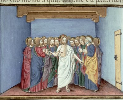 Fol.135v Jesus viser sig for disciplene samlet under ét tag af frygt for dommerne (vellum) af Italian School