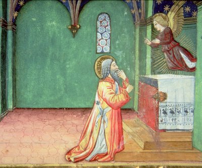Fol.142r En engel viser sig for Zacharias i templet (vellum) af Italian School