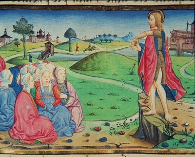 Fol.44r Johannes Døberen prædiker og døber (vellum) af Italian School