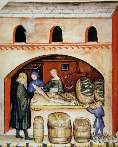 Fol.82v Salted Fish, illustration fra Tacuinum Santiatis Codex Vindobonensis af Italian School